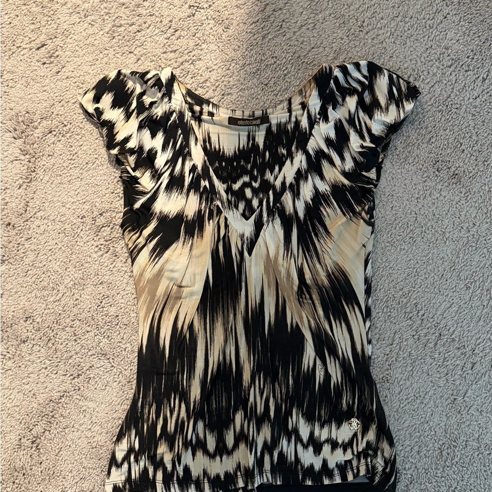 Roberto Cavalli Black and White Fitted Graphic Blouse